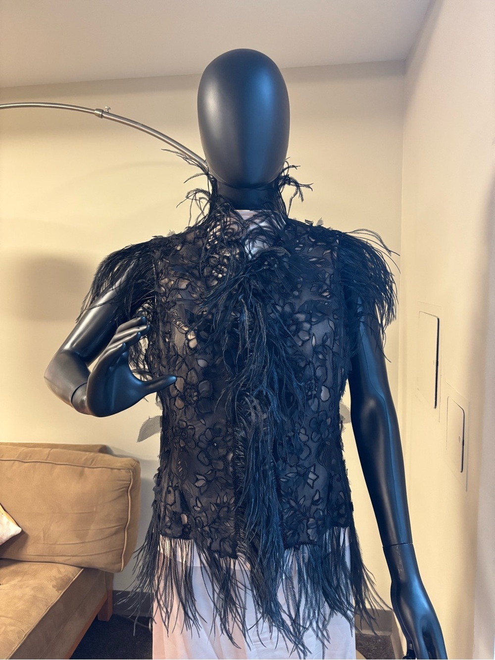 Oscar De La Renta Black Feather Trim Lace Overlay Top - Women